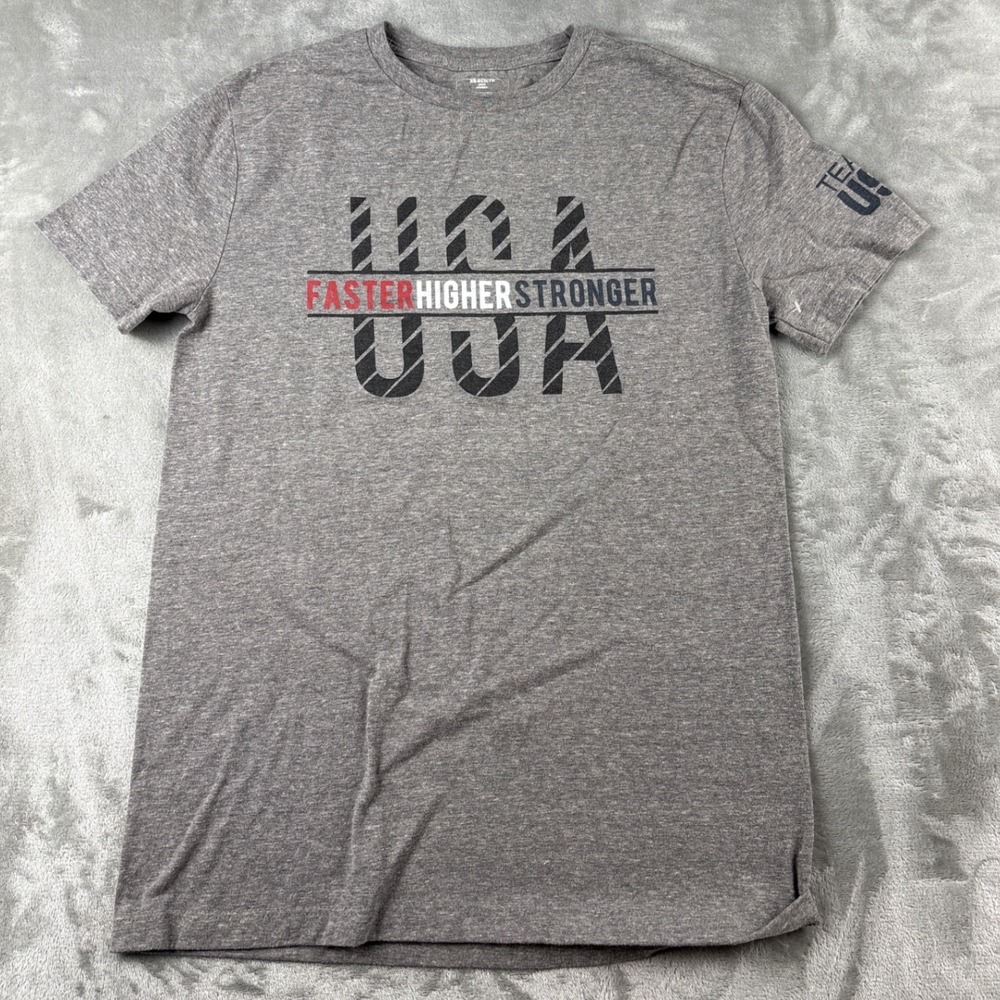 Team Apparel T-Shirt Mens XS USA Faster Higher Stronger Gray Graphic EUC